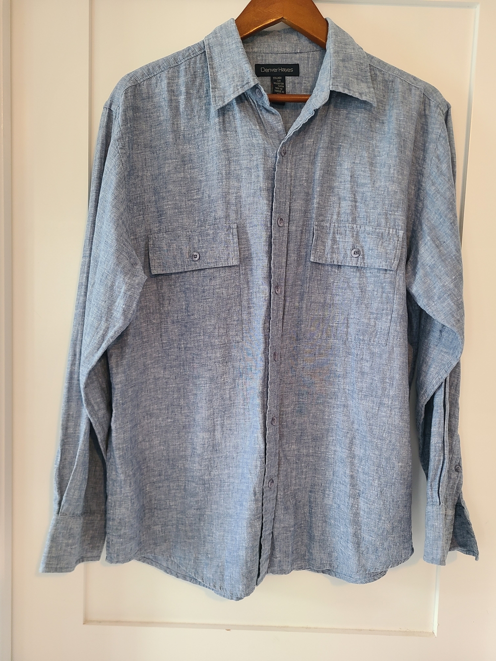 Denver Hayes Light Blue Chambray Button-Down Casual Shirt